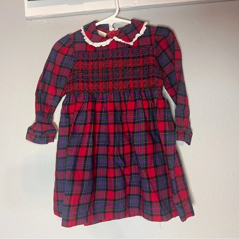 Vintage Laura Ashley Girls Plaid Dress Red Green Size 12 Months Peter Pan Collar